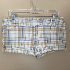 3/$15 SALE!  Tracy Evans Tan and Blue Plaid Cuffed Button Hem Shorts
